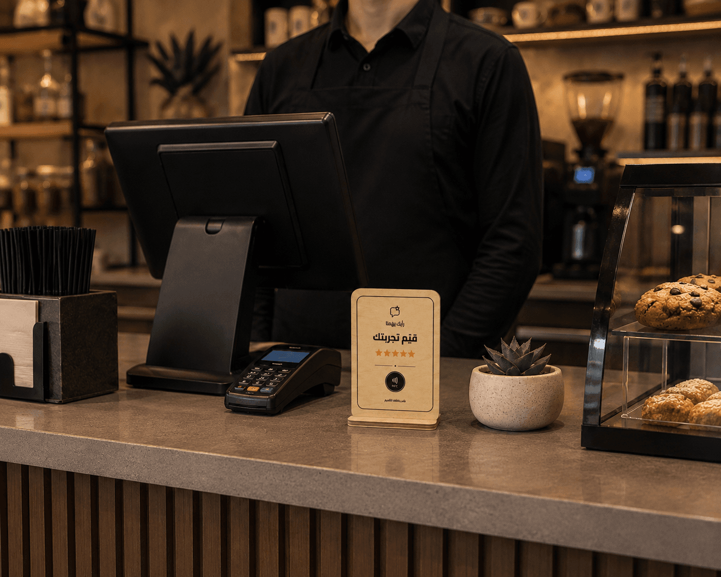 ستاند NFC ثابت على كاشير المقهى بجوار جهاز الدفع