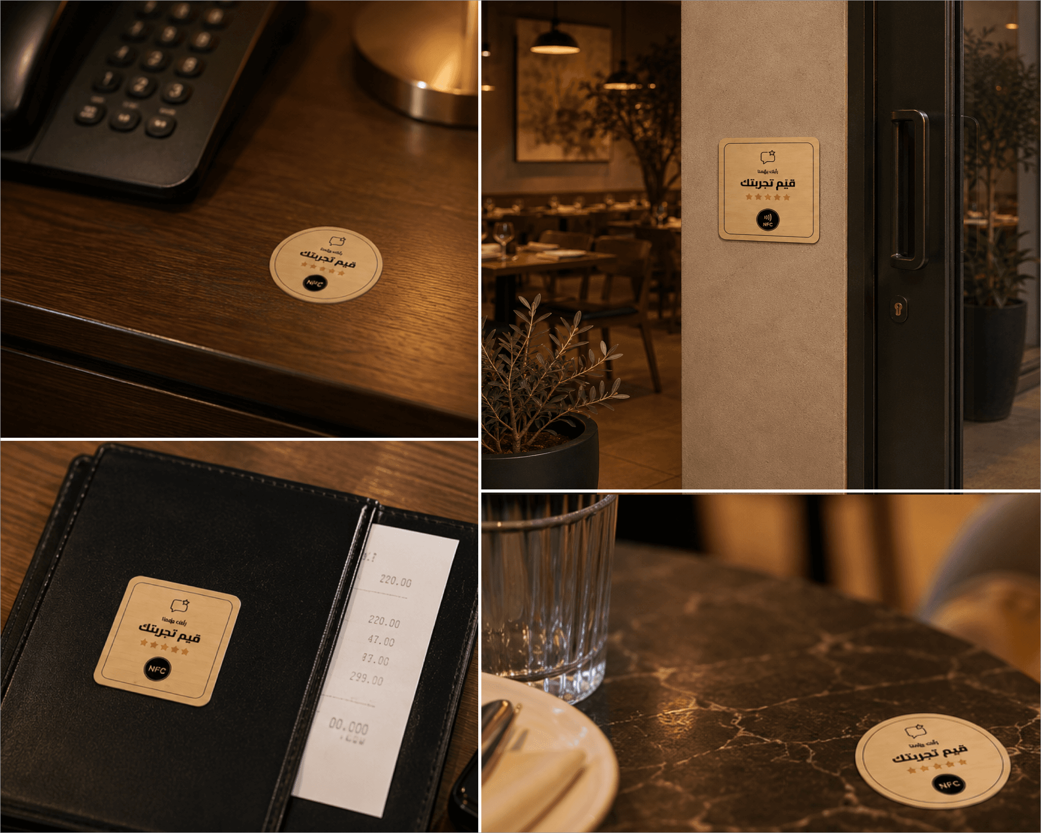 ملصقات NFC موضوعة على منيو، طاولة رخام، وجدار مطعم